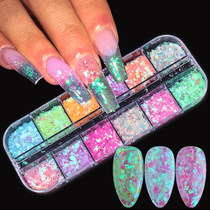 12 Color  Fire Opal Nail Powder and Opal Flakes