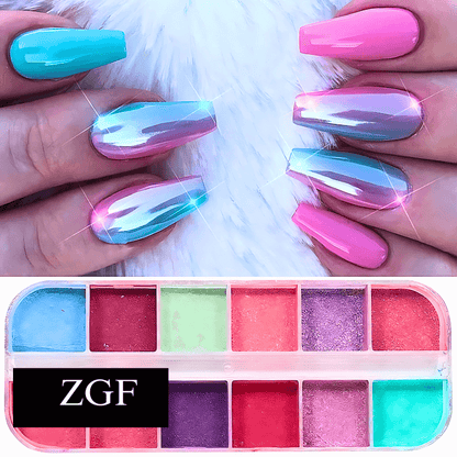 12 Grids of Nail Powder and Flakes. Choose from Fire Opal Flakes, Colorful Mirror Nail Glitter,  Shimmer Mermaid Pearl Powder, Chrome Pigment Fine Rubbing Dust,  Reflective Fairy Polish and more.