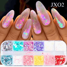 Load image into Gallery viewer, 12 Grids of Nail Powder and Flakes. Choose from Fire Opal Flakes, Colorful Mirror Nail Glitter,  Shimmer Mermaid Pearl Powder, Chrome Pigment Fine Rubbing Dust,  Reflective Fairy Polish and more.
