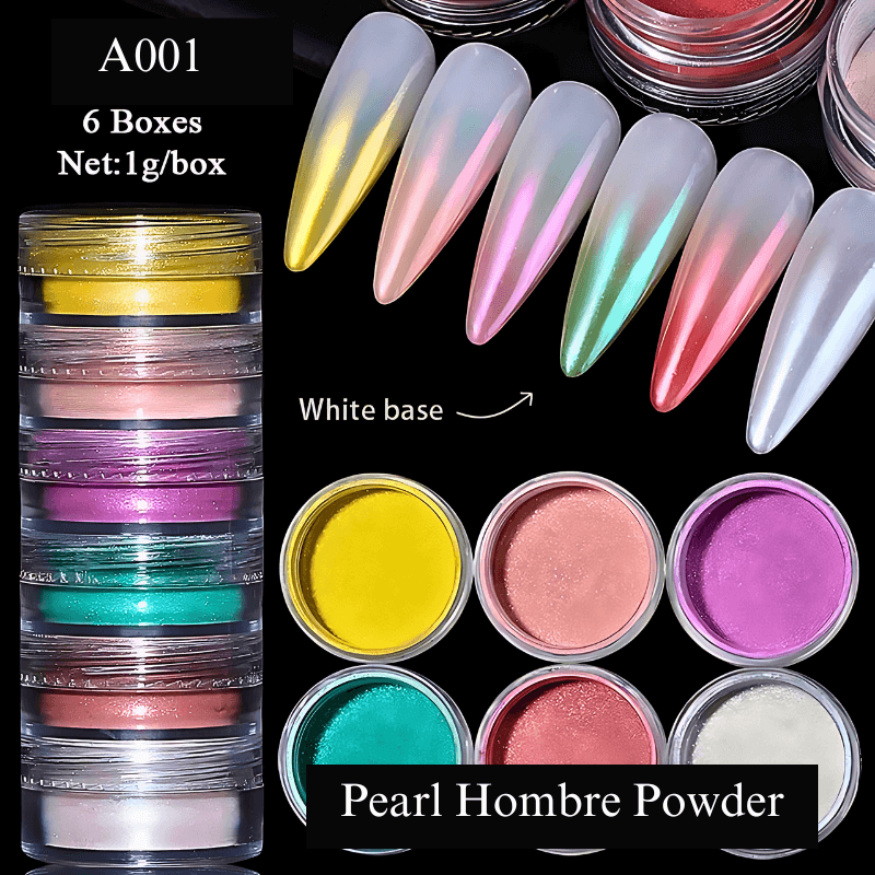 6 Box sets of Pearl, Mirrored, Metallic, Chameleon or Neon Chrome Nail Powder