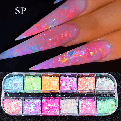 12 Grids of Nail Powder and Flakes. Choose from Fire Opal Flakes, Colorful Mirror Nail Glitter,  Shimmer Mermaid Pearl Powder, Chrome Pigment Fine Rubbing Dust,  Reflective Fairy Polish and more.