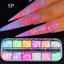 Load image into Gallery viewer, 12 Grids of Nail Powder and Flakes. Choose from Fire Opal Flakes, Colorful Mirror Nail Glitter,  Shimmer Mermaid Pearl Powder, Chrome Pigment Fine Rubbing Dust,  Reflective Fairy Polish and more.
