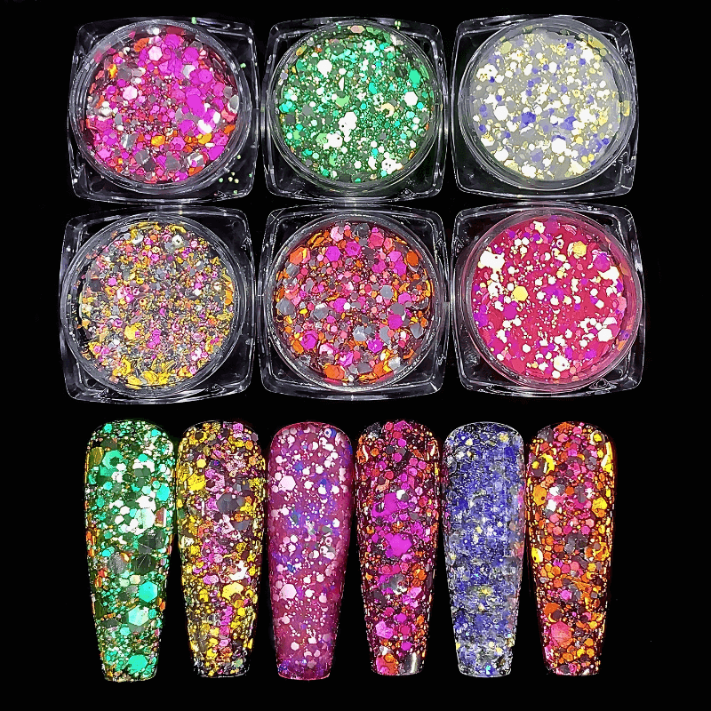 6pcs/set Reflective Flash Glitter Nail Powder