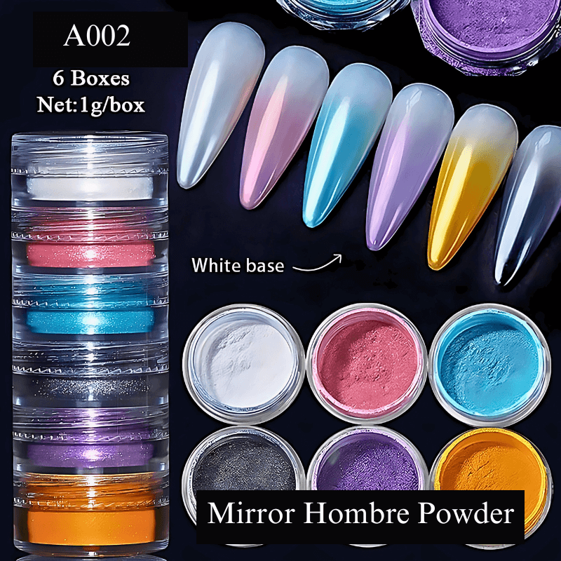 6 Box sets of Pearl, Mirrored, Metallic, Chameleon or Neon Chrome Nail Powder