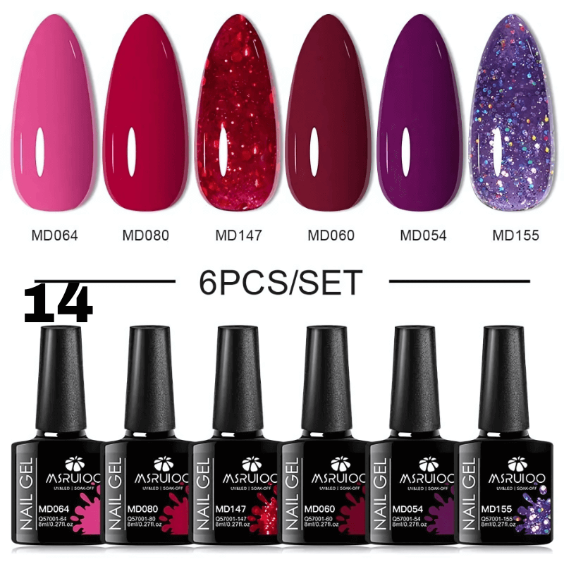 6Pcs/Set Dark Red /Purple Glitter Gel Nail Polish