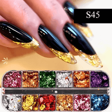 Load image into Gallery viewer, 12 Grids of Nail Powder and Flakes. Choose from Fire Opal Flakes, Colorful Mirror Nail Glitter,  Shimmer Mermaid Pearl Powder, Chrome Pigment Fine Rubbing Dust,  Reflective Fairy Polish and more.
