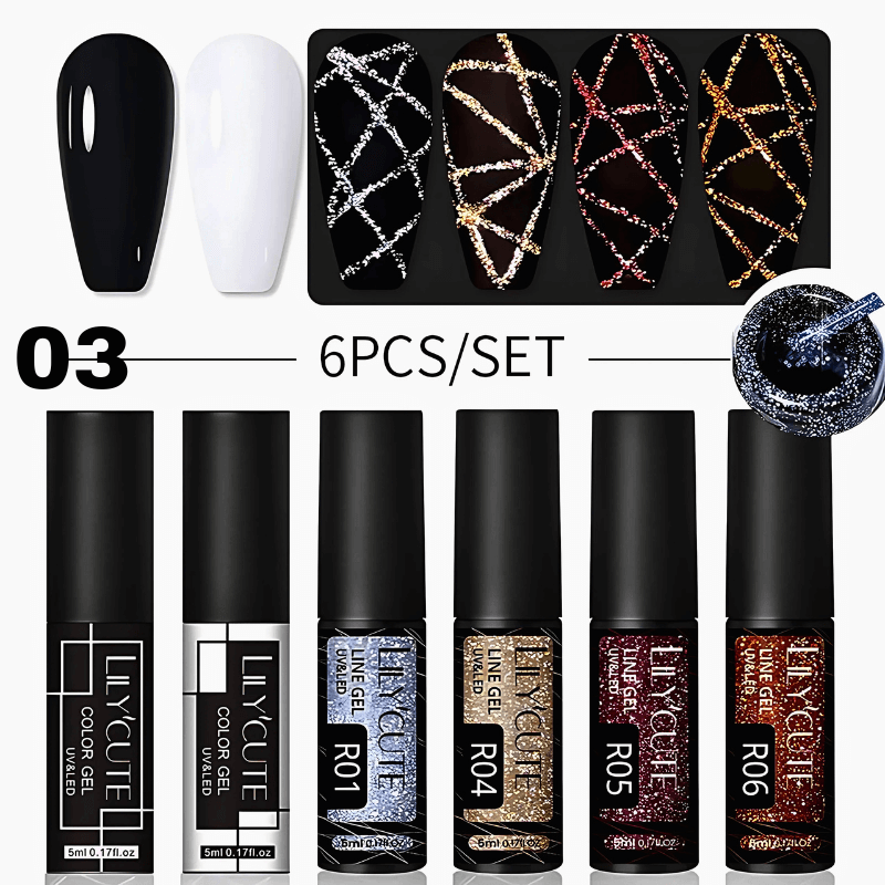 6Pcs Colorful Reflective Glitter Nail Liner Gel