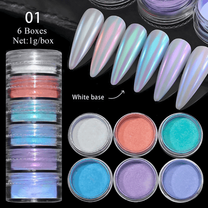 6 Box sets of Pearl, Mirrored, Metallic, Chameleon or Neon Chrome Nail Powder