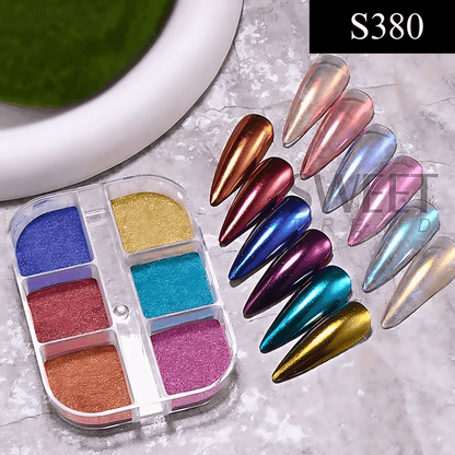 12 Grids of Nail Powder and Flakes. Choose from Fire Opal Flakes, Colorful Mirror Nail Glitter,  Shimmer Mermaid Pearl Powder, Chrome Pigment Fine Rubbing Dust,  Reflective Fairy Polish and more.