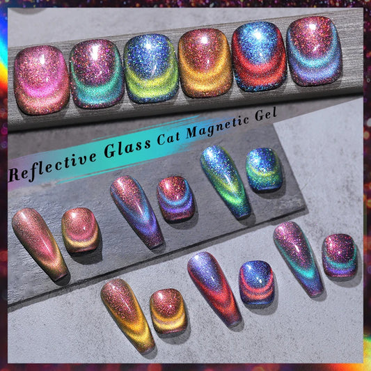 Reflective Glass Cat Magnetic Gel Nail Polish /Sparkling Rainbow Color